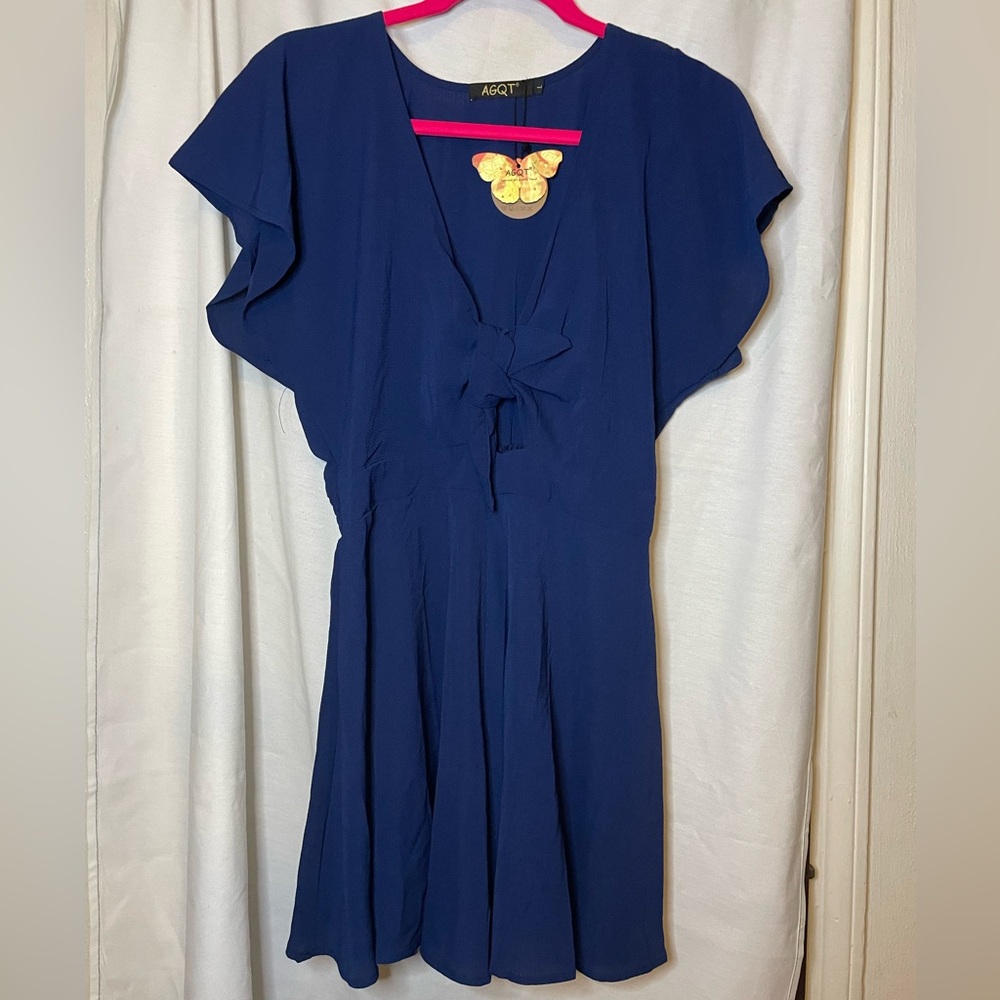 NWT AGQT Navy V-Neck Flowy Cap Sleeve Cut Out Open Front Bow Mini Dress Size L